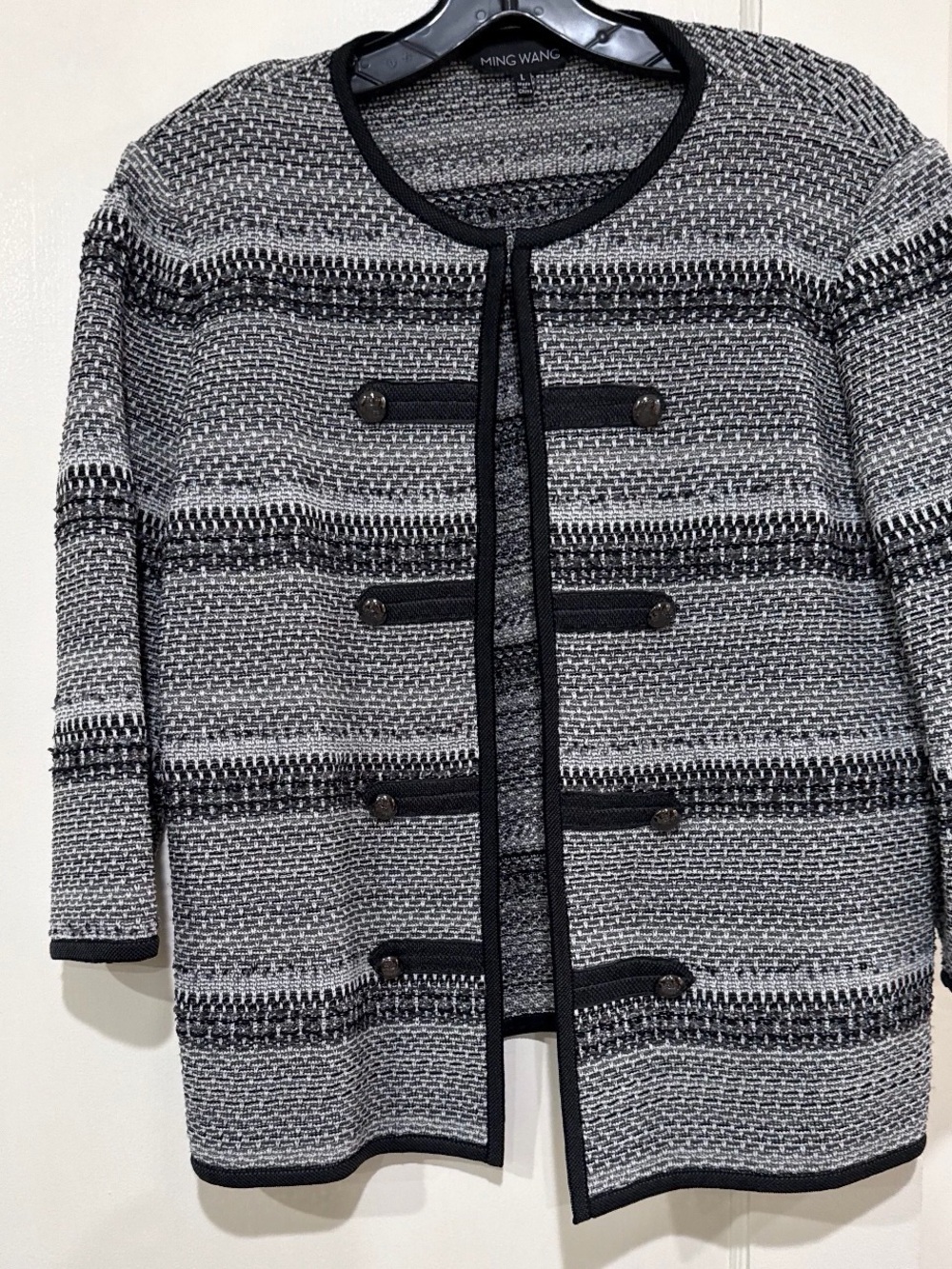 Ming Wang Black and Gray Striped Textured Open Cardigan